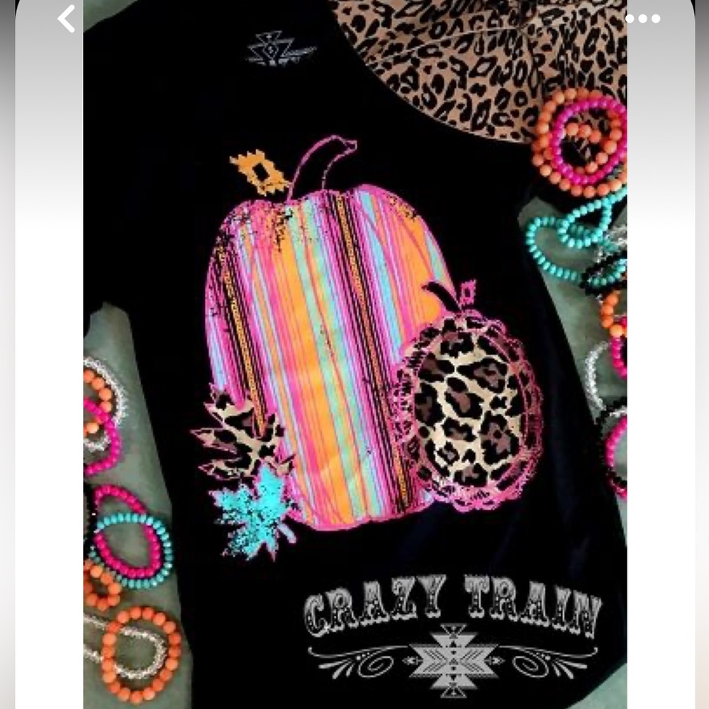 Crazy Train Size XL Neon Leopard Serape Pumpkin Fall Black Crew Neck T-shirt